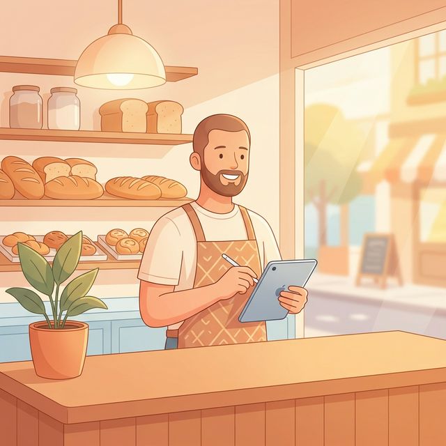 A friendly small business owner confidently using technology at their store